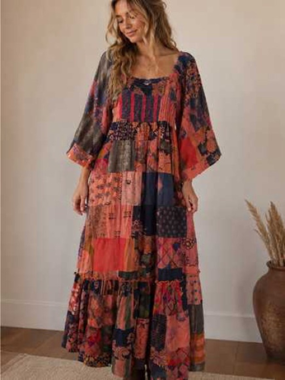 Earthbound Boho Patchwork Maxi Dress – Coral 100% Cotton Small